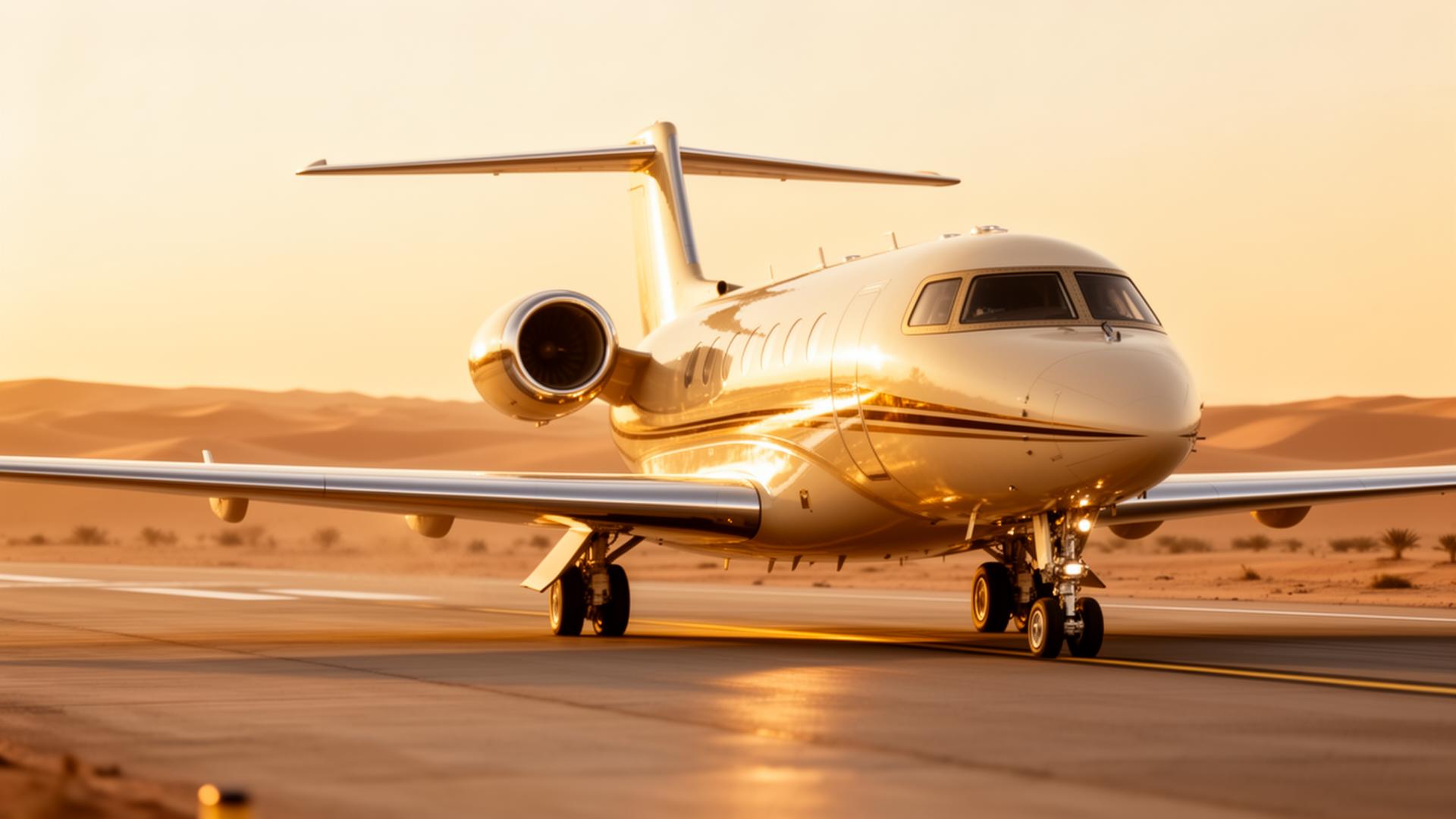 HighLevel UAE private jet on a desert runway at golden hour